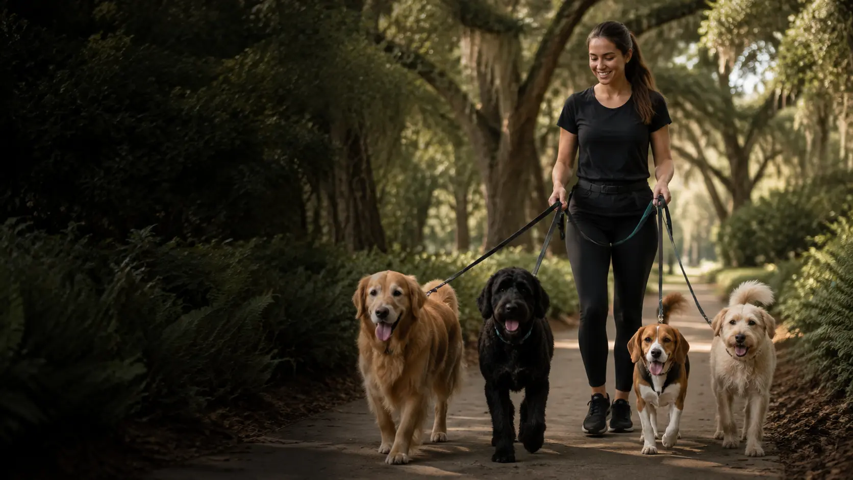 Walker leading four dogs down a tree-lined Greenville path